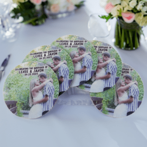 Custom personalized table coasters, showcasing company branding or event photography. #CustomCoasters #LogoCoasters #Eventplanners #PersonalizedGifts #DisturbedLogo