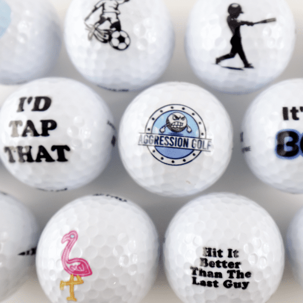 Custom logo golf balls in various colors, ideal for branding with company logos #GolfBalls #GolfLife #CustomGolf #BrandedSports #DisturbedLogo