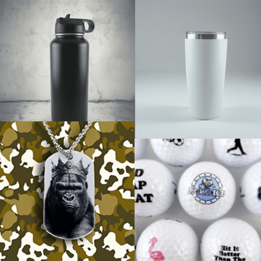 Photo of a water bottle, a 20oz tumbler, a military dog tag and a few golf balls with custom UV printed branding potential at #disturbedlogo